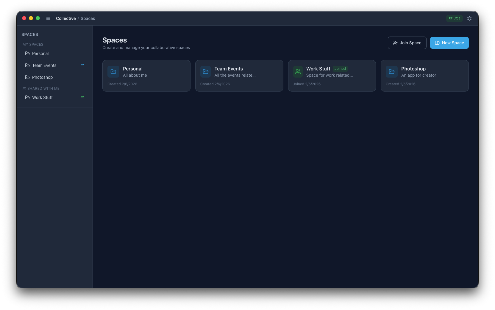 Collective app in dark mode